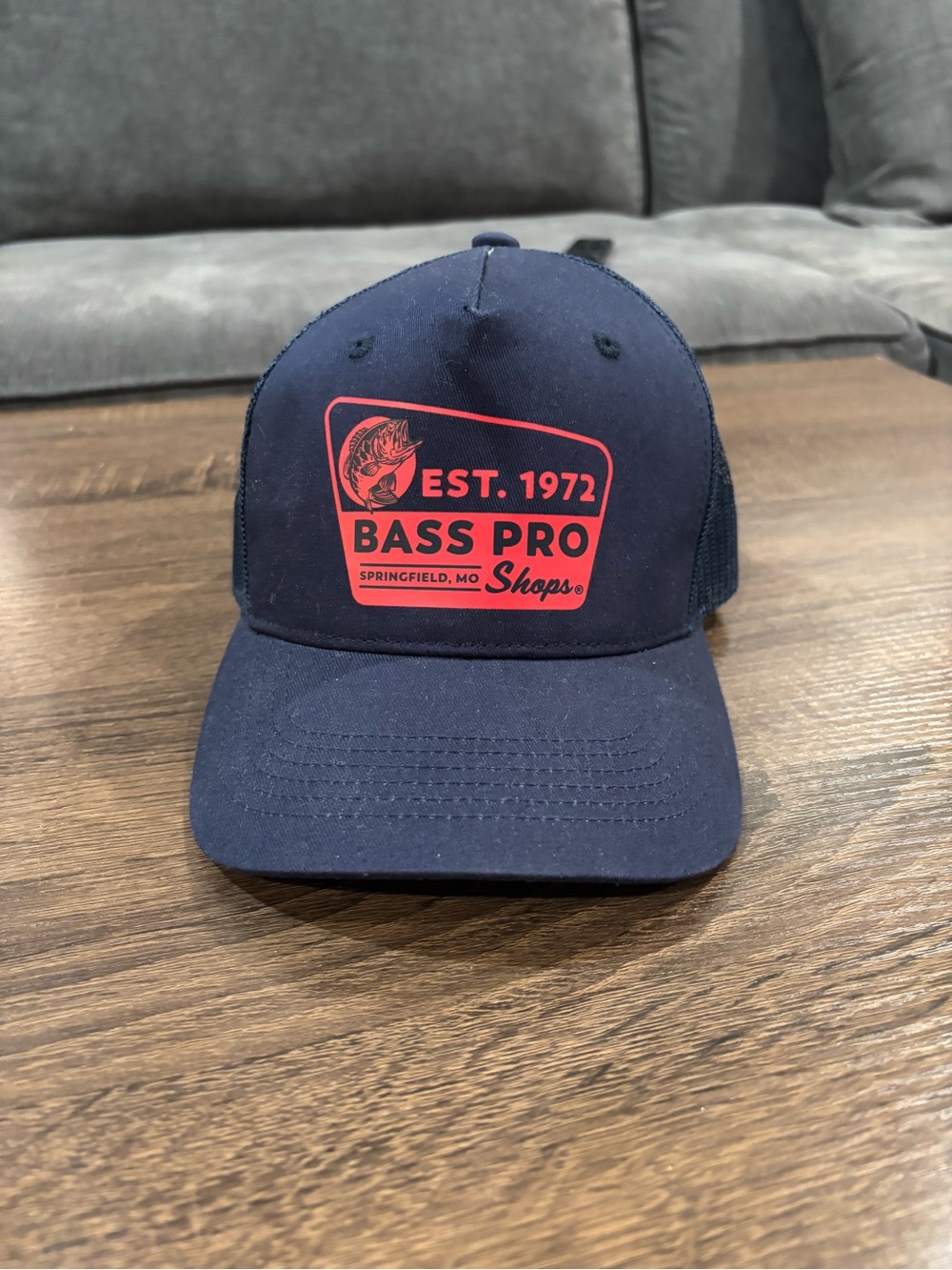 Bass Pro Shops Navy Baseball Trucker Hat with Red Patch